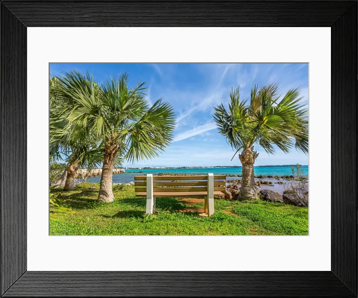 Framed Print : Bench at Blue Hole Park, Bermuda overlooking Castle Harbour Framed Print : Bench at Blue Hole Park, Bermuda overlooking Castle Harbour