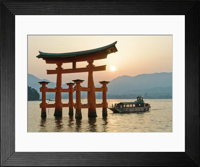 Framed Print : The iconic torii and a tourist cruise boatat the Itsukushima Shrine, on Miyajima island, hiroshima Prefecture, Japan Framed Print : The iconic torii and a tourist cruise boatat the Itsukushima Shrine, on Miyajima island, hiroshima Prefecture, Japan