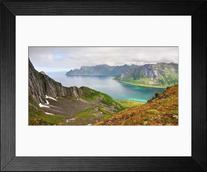 Framed Print : View over the fjords Steinfjorden and Ersfjorden from Husfjellet mountain.Senja island.County of Troms, Norway, Northern Europe Framed Print : View over the fjords Steinfjorden and Ersfjorden from Husfjellet mountain.Senja island.County of Troms, Norway, Northern Europe