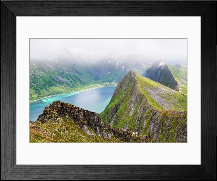 Framed Print : View over the fjords Steinfjorden and Ersfjorden from Husfjellet mountain, Senja island, County of Troms, Norway, Northern Europe Framed Print : View over the fjords Steinfjorden and Ersfjorden from Husfjellet mountain, Senja island, County of Troms, Norway, Northern Europe
