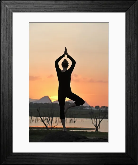 Framed Print : Young woman practising yoga posture by the Senanayake Samudraya Lake at sunset, Gal Oya National Park, Sri Lanka, Indian subcontinent, South Asia Framed Print : Young woman practising yoga posture by the Senanayake Samudraya Lake at sunset, Gal Oya National Park, Sri Lanka, Indian subcontinent, South Asia