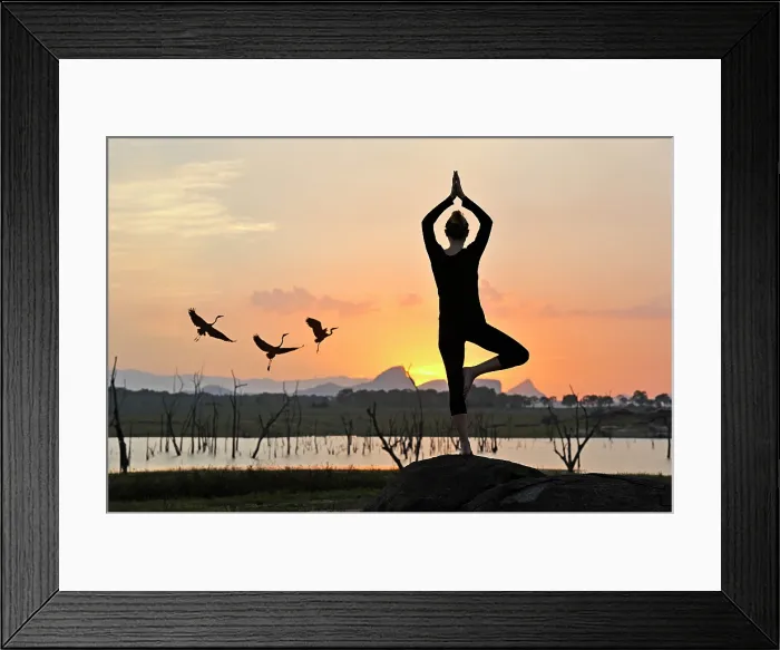 Framed Print : Young woman practising yoga posture by the Senanayake Samudraya Lake at sunset, Gal Oya National Park, Sri Lanka, Indian subcontinent, South Asia Framed Print : Young woman practising yoga posture by the Senanayake Samudraya Lake at sunset, Gal Oya National Park, Sri Lanka, Indian subcontinent, South Asia
