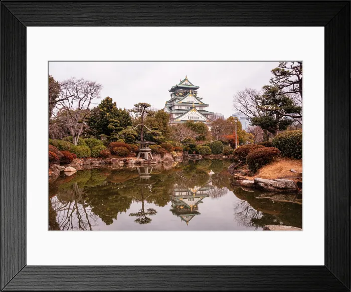 Framed Print : Osaka Castle in Japan Reflecting in a Pond of a japanese Castle. Autumnal Colors in Winter Framed Print : Osaka Castle in Japan Reflecting in a Pond of a japanese Castle. Autumnal Colors in Winter