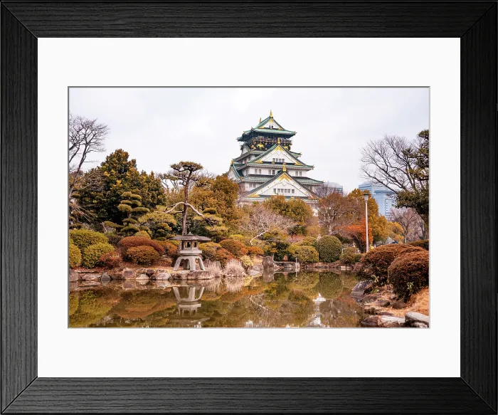 Framed Print : Osaka Castle in Japan Reflecting in a Pond of a japanese Castle. Autumnal Colors in Winter