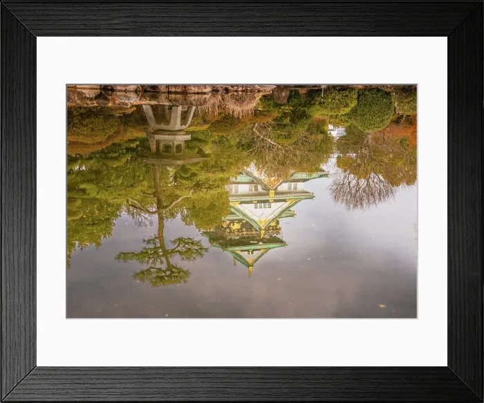 Framed Print : Reflection of the castle in a calm zen garden. Golden warm evening lights. Osaka, Japan Framed Print : Reflection of the castle in a calm zen garden. Golden warm evening lights. Osaka, Japan