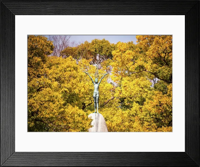 Framed Print : Children's Peace Monument against beautiful golden autumnal leaves Hiroshima, Japan Framed Print : Children's Peace Monument against beautiful golden autumnal leaves Hiroshima, Japan