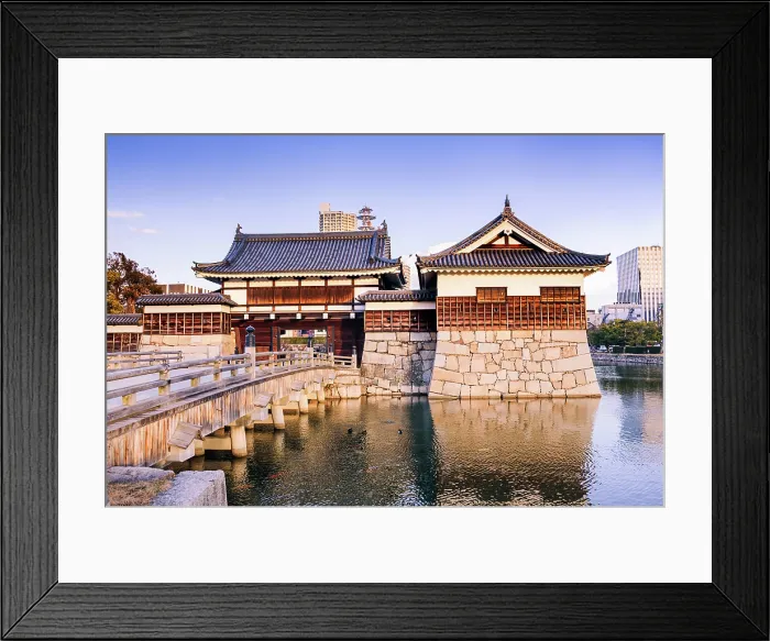 Framed Print : Hiroshima Castle with water moat. Evening sunset light at Omotegomon (Main Gate. Hiroshima, Japan) Framed Print : Hiroshima Castle with water moat. Evening sunset light at Omotegomon (Main Gate. Hiroshima, Japan)