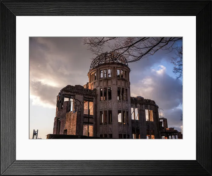 Framed Print : The Hiroshima Peace Memorial (Genbaku Dome). A-Dome with dramatic clouds and warm light. Hiroshima, Japan