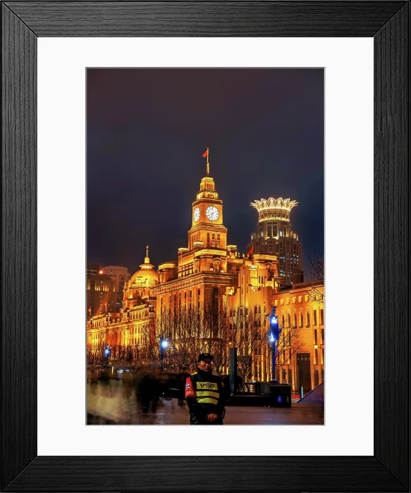 Framed Print : Magnificent view of brightly lit heritage buildings along the Bund at night, Shanghai, China Framed Print : Magnificent view of brightly lit heritage buildings along the Bund at night, Shanghai, China