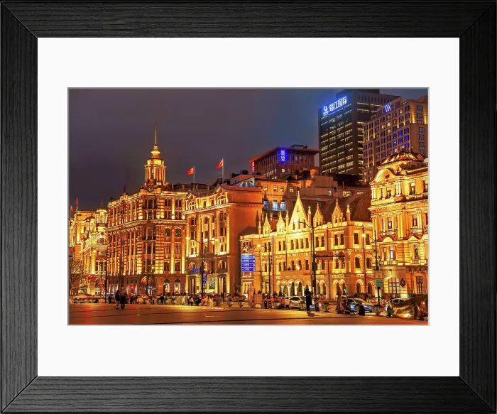 Framed Print : Magnificent view of brightly lit heritage buildings along the Bund at night, Shanghai, China Framed Print : Magnificent view of brightly lit heritage buildings along the Bund at night, Shanghai, China