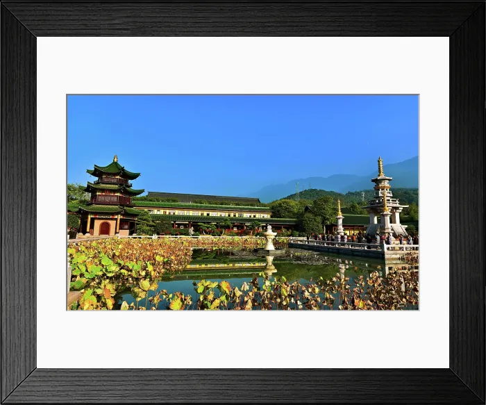 Framed Print : Dongling Monastery with the lotus pond in the foreground. Jiujiang City, Jiangxi Province, China Framed Print : Dongling Monastery with the lotus pond in the foreground. Jiujiang City, Jiangxi Province, China