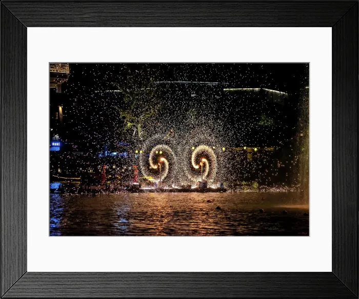 Framed Print : Molten iron being spun to form spectacular sparks. WuNvZhou Resort, Wuyuan County, Shangrao, Jiangxi Province, China Framed Print : Molten iron being spun to form spectacular sparks. WuNvZhou Resort, Wuyuan County, Shangrao, Jiangxi Province, China