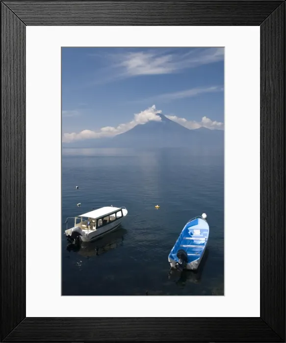 Framed Print : Tour boats anchored near Panajachel, San Pedro Volcano in the background Framed Print : Tour boats anchored near Panajachel, San Pedro Volcano in the background