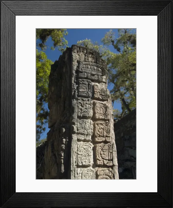 Framed Print : Mayan glyphs on the side of Stela P, West Court, Copan Archaeological Park Framed Print : Mayan glyphs on the side of Stela P, West Court, Copan Archaeological Park