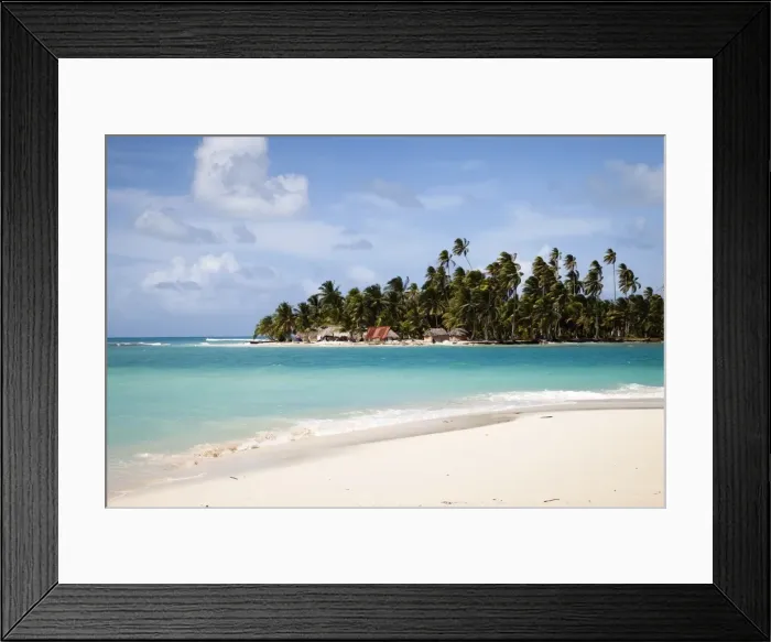 Framed Print : Palm trees and thatch huts on Diablo Island seen from the beach on Dog Island Framed Print : Palm trees and thatch huts on Diablo Island seen from the beach on Dog Island