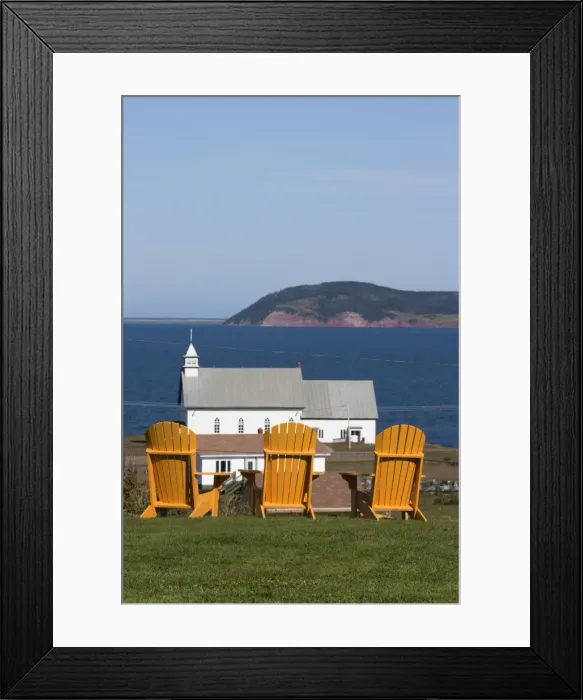 Framed Print : Yellow Adirondack chairs overlooking church on an island in the Gulf of St Framed Print : Yellow Adirondack chairs overlooking church on an island in the Gulf of St