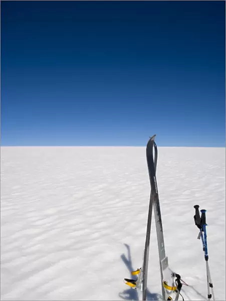 Skis stored vertically on inland icecap, Greenland, Polar Regions