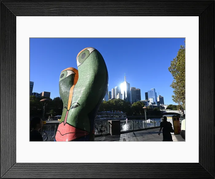 Framed Print : Modern sculpture and city skyline Framed Print : Modern sculpture and city skyline