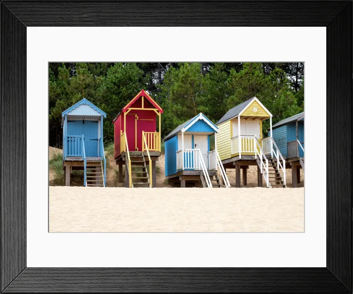Framed Print : A row of colourful beach huts on the sand at Wells next the Sea in North Norfolk, United Kingdom Framed Print : A row of colourful beach huts on the sand at Wells next the Sea in North Norfolk, United Kingdom