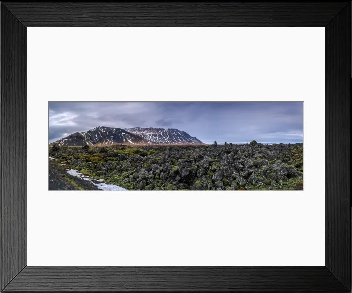 Framed Print : Wide Panoramic view of The Bjarnarhofn Lava Field, Snaefellsnes Peninsula, Iceland Framed Print : Wide Panoramic view of The Bjarnarhofn Lava Field, Snaefellsnes Peninsula, Iceland