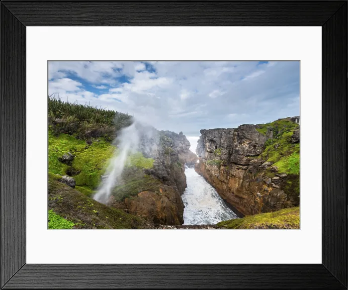 Framed Print : Powerful Sea Blowhole Erupting Between Cliffs at Pancake Rocks, Punakaiki, Paparoa National Park, New Zealand Framed Print : Powerful Sea Blowhole Erupting Between Cliffs at Pancake Rocks, Punakaiki, Paparoa National Park, New Zealand