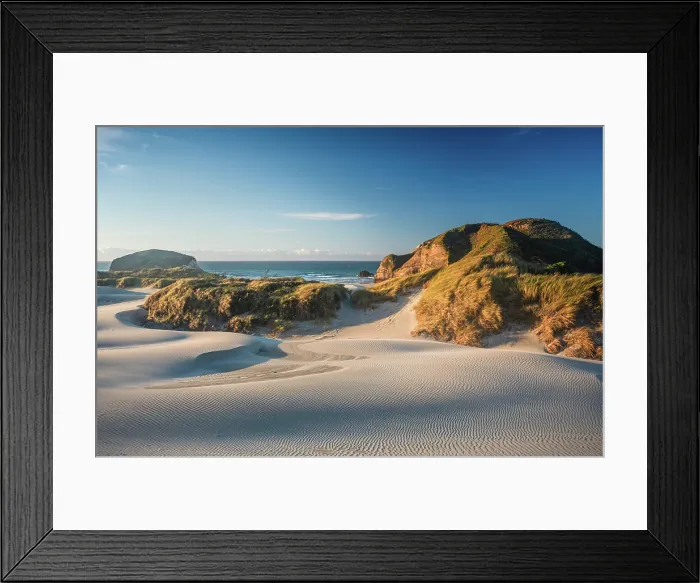 Framed Print : Sunlit Coastal Sand Dunes and Rugged Hills at Wharariki Beach Near Cape Farewell, South Island, New Zealand Framed Print : Sunlit Coastal Sand Dunes and Rugged Hills at Wharariki Beach Near Cape Farewell, South Island, New Zealand