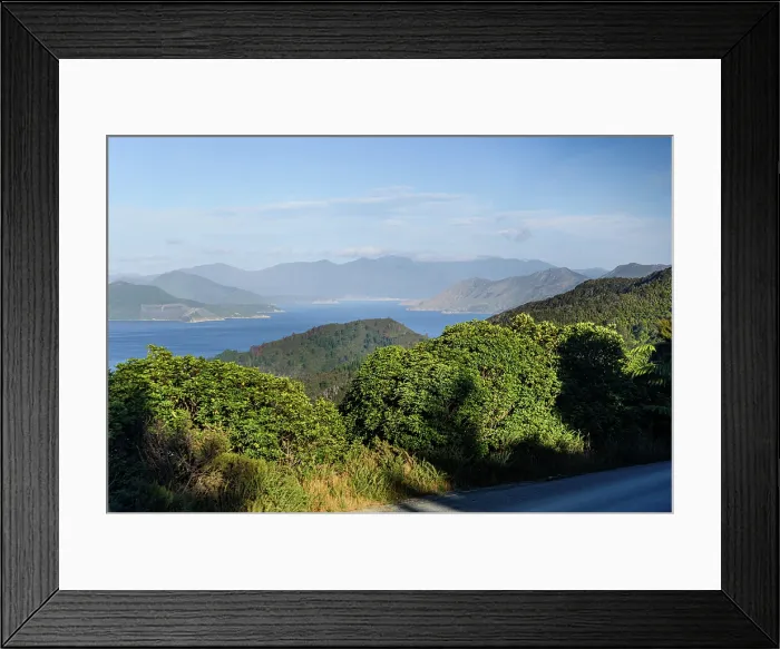 Framed Print : Panoramic View of Blue Inlets and Forested Ridges Along Queen Charlotte Drive, Marlborough Sounds, New Zealand Framed Print : Panoramic View of Blue Inlets and Forested Ridges Along Queen Charlotte Drive, Marlborough Sounds, New Zealand