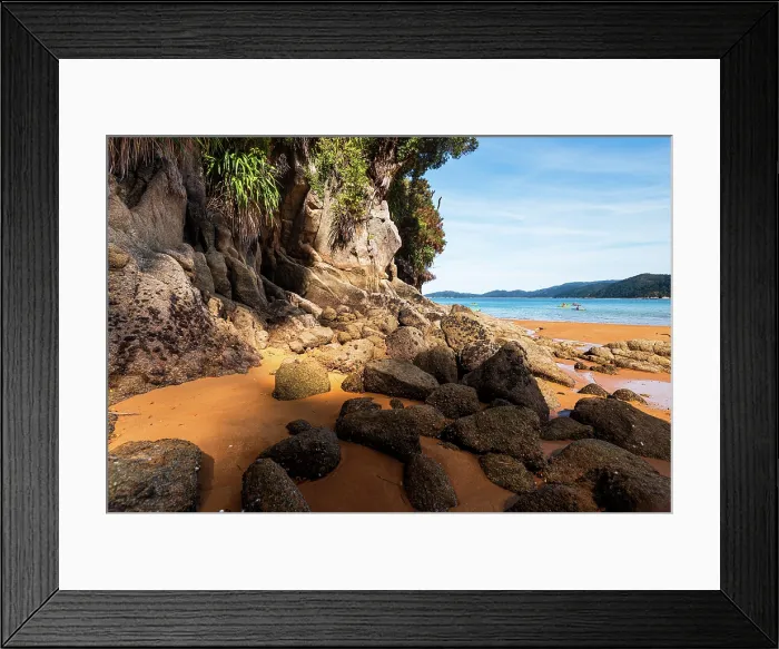 Framed Print : Vertical Shot of Golden Cove Framed by Forest and Rocks, Abel Tasman National Park, New Zealand Framed Print : Vertical Shot of Golden Cove Framed by Forest and Rocks, Abel Tasman National Park, New Zealand
