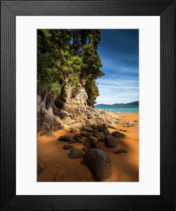 Framed Print : Tall Cliffs and Golden Sand in Narrow Coastal Passage, Abel Tasman National Park, New Zealand Framed Print : Tall Cliffs and Golden Sand in Narrow Coastal Passage, Abel Tasman National Park, New Zealand