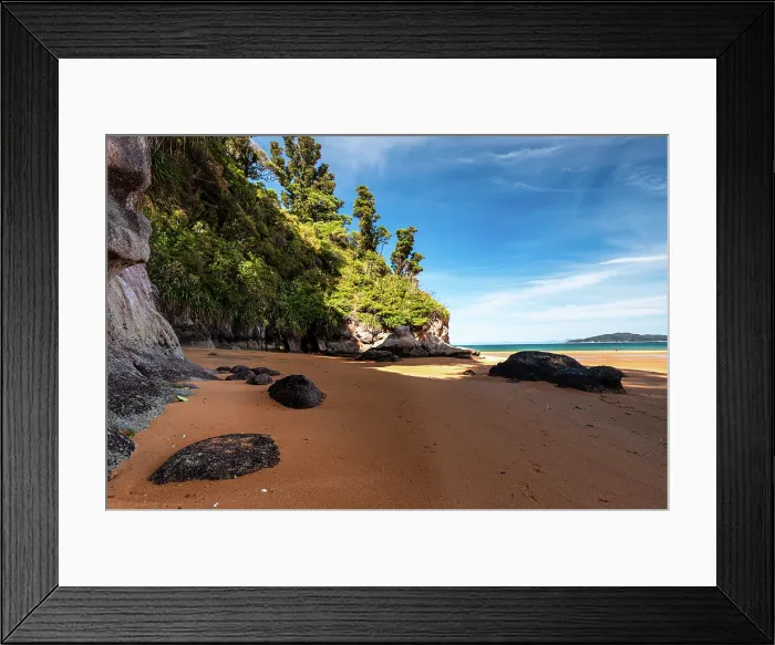 Framed Print : Secluded Sandy Cove Surrounded by Rocky Cliffs and Native Forest, Abel Tasman National Park, New Zealand Framed Print : Secluded Sandy Cove Surrounded by Rocky Cliffs and Native Forest, Abel Tasman National Park, New Zealand