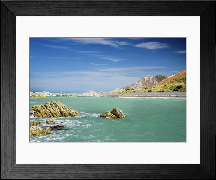 Framed Print : Turquoise Coastal Waters Framed by Rocky Headlands and Hills at Ward Beach, Marlborough, New Zealand Framed Print : Turquoise Coastal Waters Framed by Rocky Headlands and Hills at Ward Beach, Marlborough, New Zealand
