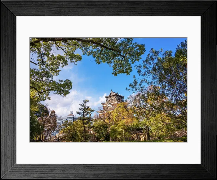 Framed Print : View Through Trees Toward Hiroshima Castle Tower with Blue Sky, Hiroshima, Japan Framed Print : View Through Trees Toward Hiroshima Castle Tower with Blue Sky, Hiroshima, Japan