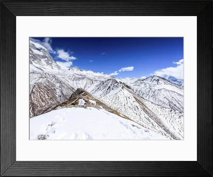 Framed Print : Snowy Ridge Leading Up to the Summit of Kyanjin Ri with Panoramic Views of the Langtang Himalayas and Pristine Valleys Below Framed Print : Snowy Ridge Leading Up to the Summit of Kyanjin Ri with Panoramic Views of the Langtang Himalayas and Pristine Valleys Below