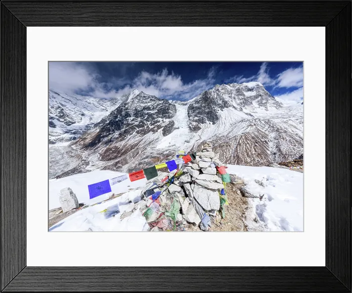 Framed Print : Stone Cairn Adorned with Prayer Flags on the Wind-Swept Summit of Kyanjin Ri with Langtang Lirung and Langtang Glacier Behind Framed Print : Stone Cairn Adorned with Prayer Flags on the Wind-Swept Summit of Kyanjin Ri with Langtang Lirung and Langtang Glacier Behind