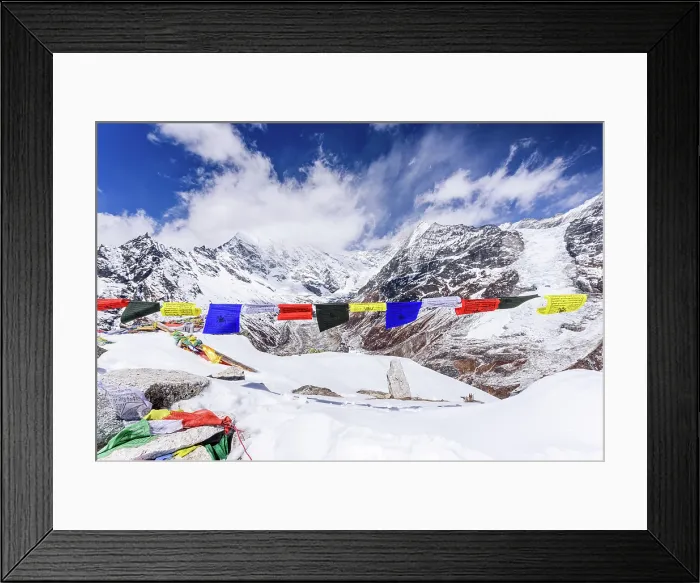 Framed Print : Panoramic View of Langtang Lirung and Langtang Valley Framed by Colorful Prayer Flags on Snowy Kyanjin Ri Summit, Langtang National Park Framed Print : Panoramic View of Langtang Lirung and Langtang Valley Framed by Colorful Prayer Flags on Snowy Kyanjin Ri Summit, Langtang National Park