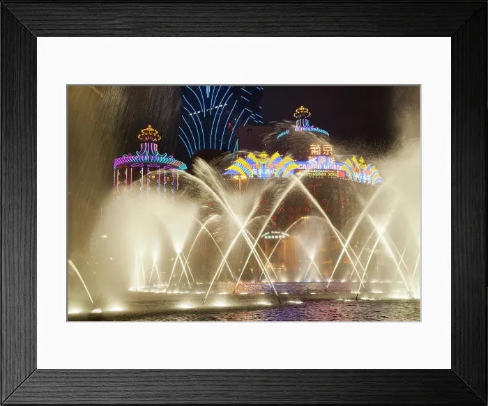 Framed Print : Water jets show with casinos background, Macau, Special Administrative Region, China, Asia Framed Print : Water jets show with casinos background, Macau, Special Administrative Region, China, Asia