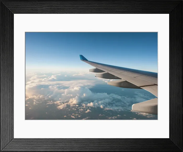 Framed Print : In-flight airliner wing seen through the window, Guadeloupe Framed Print : In-flight airliner wing seen through the window, Guadeloupe