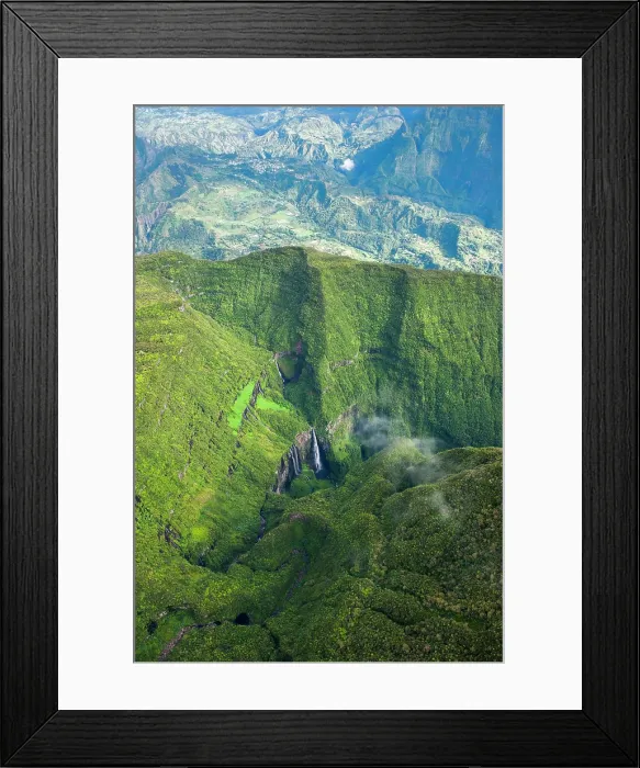 Framed Print : Aerial view of falls in the canyon Trou de Fer, Reunion Framed Print : Aerial view of falls in the canyon Trou de Fer, Reunion