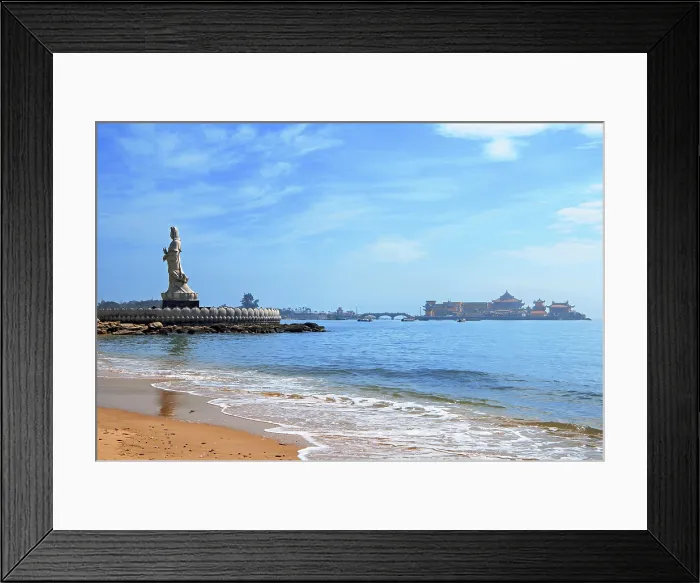 Framed Print : Majestic statue of Guanyin (Goddess of Mercy) with Luojia Temple in the sea in the background, Gold Coast, Shishi City, Fujian, China Framed Print : Majestic statue of Guanyin (Goddess of Mercy) with Luojia Temple in the sea in the background, Gold Coast, Shishi City, Fujian, China