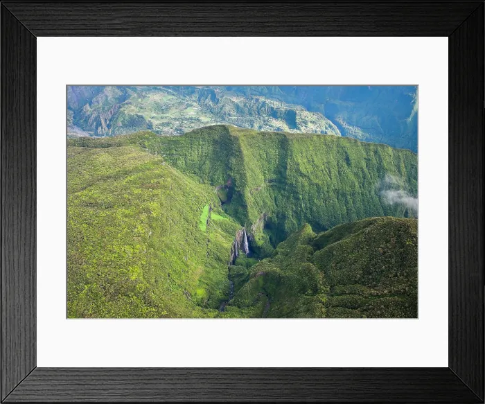 Framed Print : Aerial view of falls in the canyon Trou de Fer, Reunion Framed Print : Aerial view of falls in the canyon Trou de Fer, Reunion