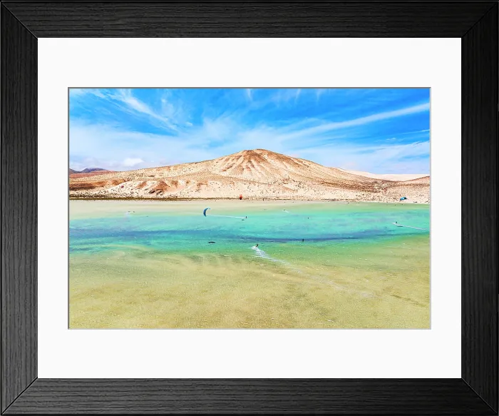 Framed Print : Aerial view of kiteboarders framed by volcanic peaks, Sotavento beach, Jandia, Fuerteventura, Canary Islands, Spain Framed Print : Aerial view of kiteboarders framed by volcanic peaks, Sotavento beach, Jandia, Fuerteventura, Canary Islands, Spain