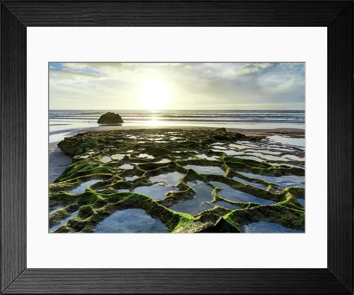 Framed Print : Sunset over seaweed and rock formations on Cofete beach, Jandia Nature Park, Fuerteventura, Canary Islands, Spain Framed Print : Sunset over seaweed and rock formations on Cofete beach, Jandia Nature Park, Fuerteventura, Canary Islands, Spain