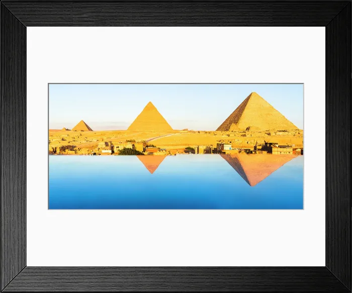 Framed Print : Panoramic of the Giza pyramid complex and The Sphinx reflected in water at dawn, Cairo, Egypt Framed Print : Panoramic of the Giza pyramid complex and The Sphinx reflected in water at dawn, Cairo, Egypt