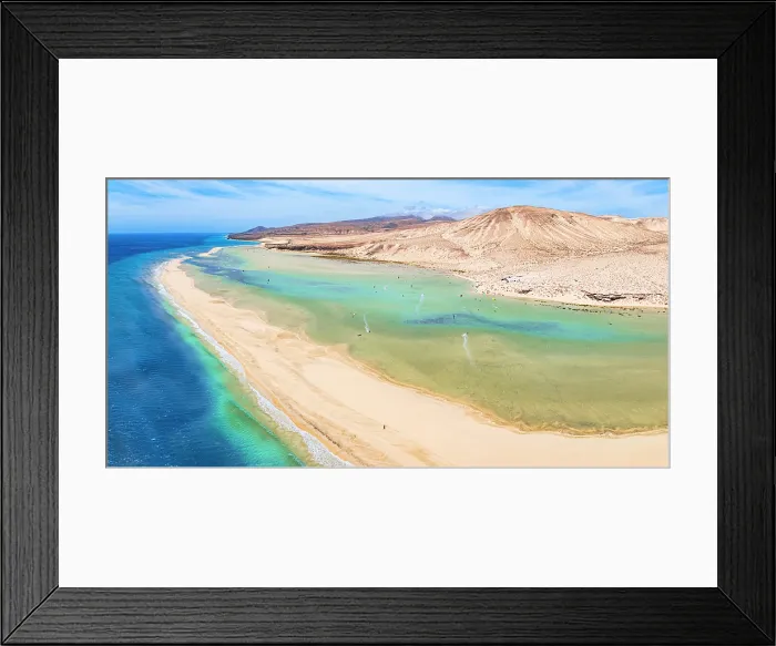 Framed Print : Aerial view of kite surfers having fun at Sotavento beach, Jandia Natural Park, Fuerteventura, Canary Islands, Spain