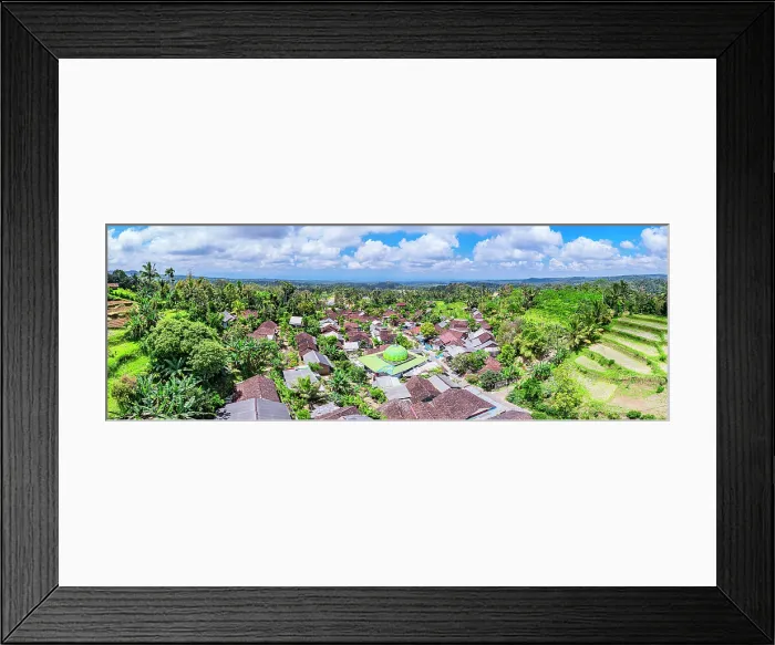 Framed Print : Aerial panoramic of the rural village of Licin surrounded by terraced fields, Bali, Indonesia