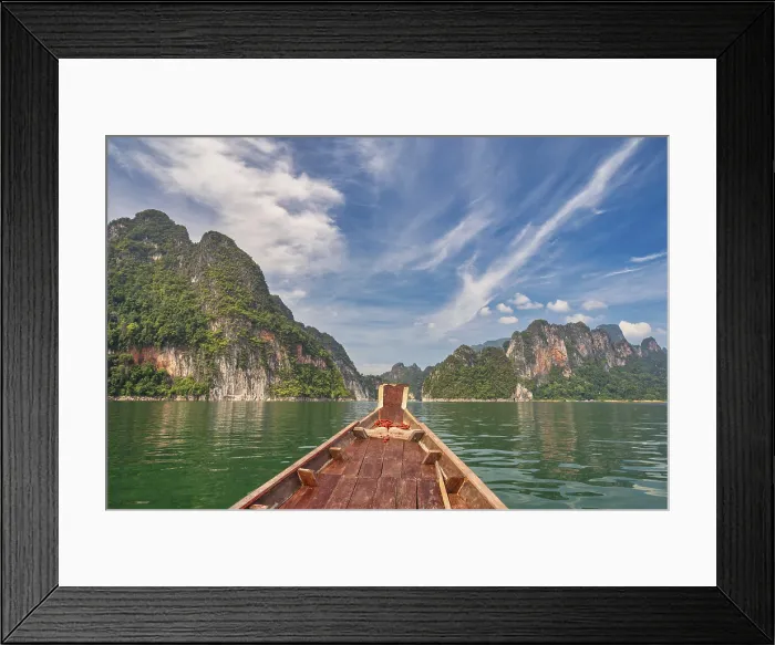 Framed Print : Boat riding through mountain lake view with tropical forest at Sam Klur mountain Khaosok National Park, Surat Thani Thailand nature landscape Framed Print : Boat riding through mountain lake view with tropical forest at Sam Klur mountain Khaosok National Park, Surat Thani Thailand nature landscape