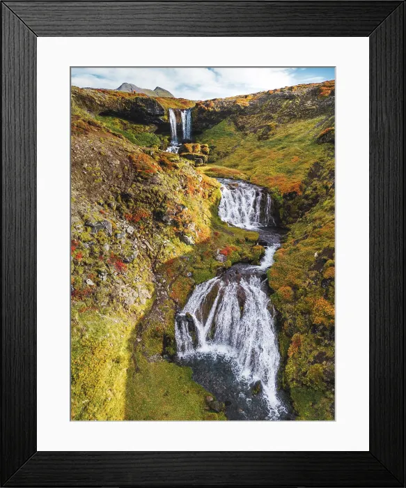 Framed Print : Sheep's Waterfall. Famous tourist landscape. Travel concept background. Dramatic autumn sun, Iceland, Atlantic Ocean, Europe. Travel postcard Framed Print : Sheep's Waterfall. Famous tourist landscape. Travel concept background. Dramatic autumn sun, Iceland, Atlantic Ocean, Europe. Travel postcard