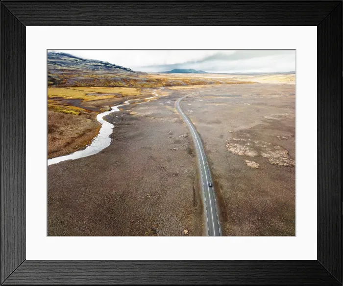 Framed Print : Icelandic highlands, F roads, river crossing. Remote dirt road somewhere in Iceland mainland, surrounded by vibrant green bushes and volcanic lands