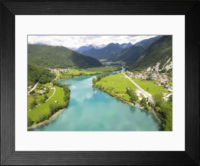 Framed Print : Aerial drone view of Most na Soci town in Slovenia and Soca river, Slovenia Framed Print : Aerial drone view of Most na Soci town in Slovenia and Soca river, Slovenia