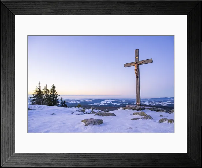 Framed Print : Christian cross on the peak of Mount Lusen with the view over the hills of the bavarian forest at sunrise at winter, Bavaria, Germany Framed Print : Christian cross on the peak of Mount Lusen with the view over the hills of the bavarian forest at sunrise at winter, Bavaria, Germany